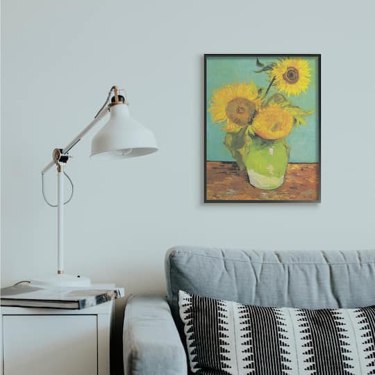 Stupell Industries Traditional Sunflower Painting over Turquoise Van Gogh in Frame Wall Art